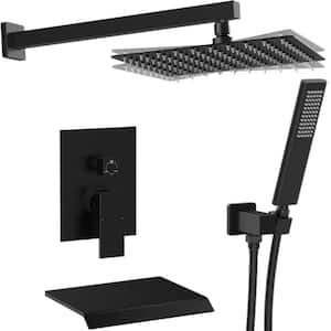 1-Spray Square Shower System Fixed Shower Head and Tub Faucet with Hand Shower in Matte Black (Valve Included)