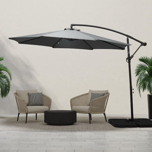 Bayshore Outdoor 10 ft. Hanging Offset Cantilever Patio Umbrella with Easy Crank Lift and Cross Base in Gray