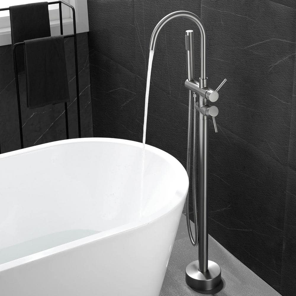 Brushed Nickel Freestanding Tub Filler with Hand Shower