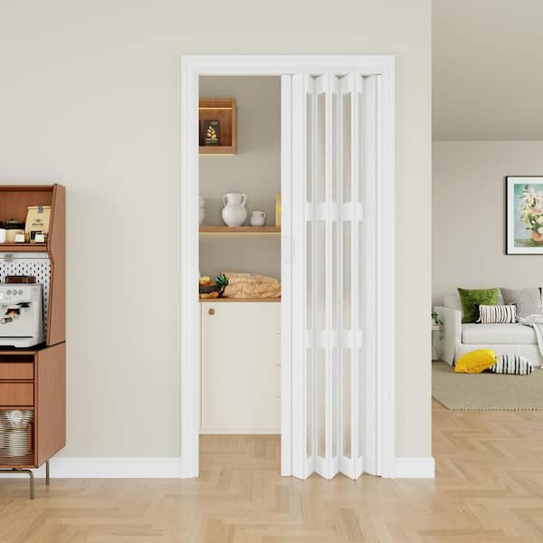 36 in. x 80 in. White Dual 3-Lite PVC Accordion Door with Frosted Acrylic Glass with Installation Hardware