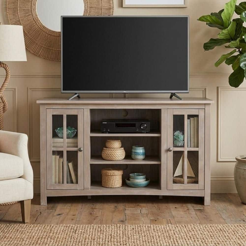48 in. Weathered Taupe Gray Wood TV Stand Fits TVs Up to 50 in. with Storage Doors