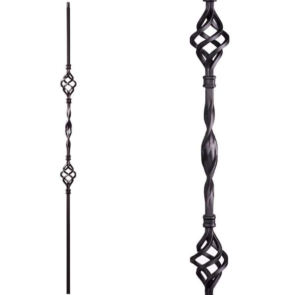 HOUSE OF FORGINGS Ribbon Twist 44 in. x 0.5 in. Satin Black Single Ribbon Double Basket Solid Wrought Iron Baluster