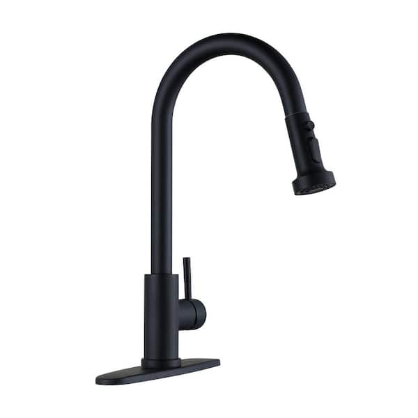 AVITAS 3-Mode Single Handle Pull Down Sprayer Kitchen Faucet with Deckplate in Black