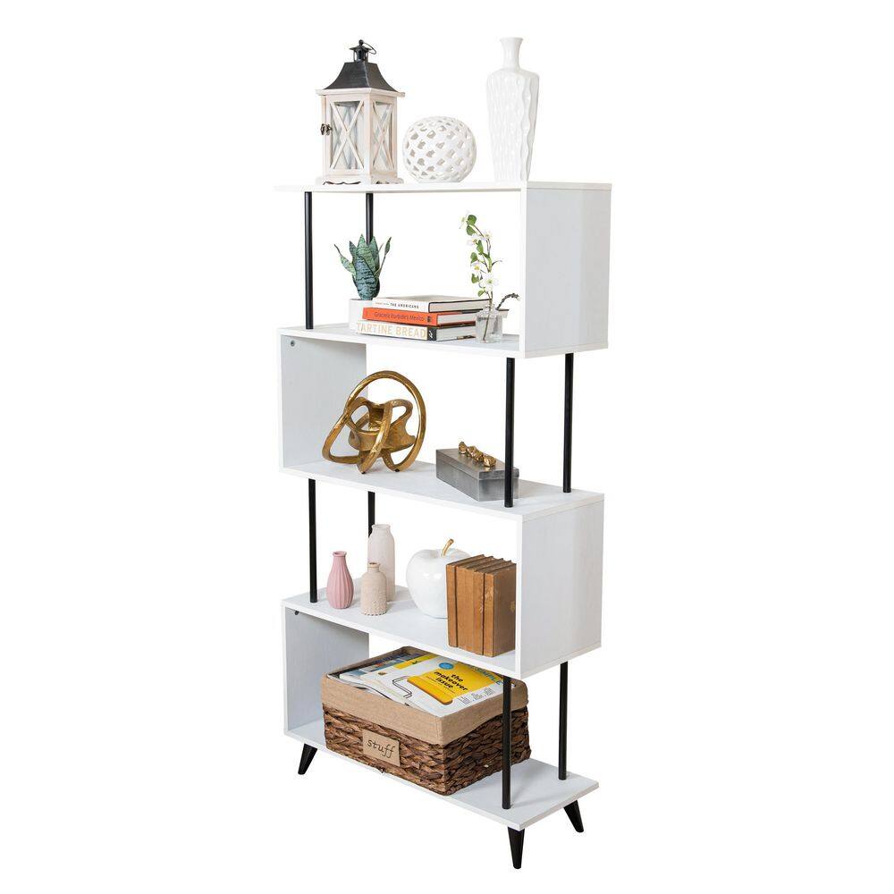White and Black 5-Tier S-Shaped Modern Wood Bookcase