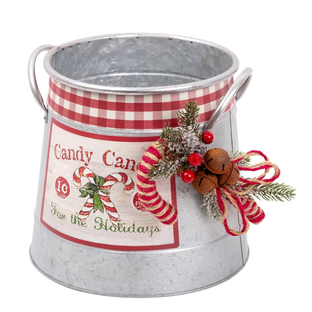 Country farmhouse galvanized metal pot cover with red & white gingham ribbon
