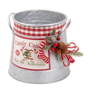 9in Galvanized Metal Candycane Bucket With Pine and Jingle