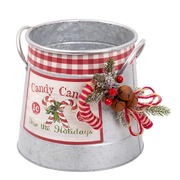 Unbranded 9in Galvanized Metal Candycane Bucket With Pine and Jingle