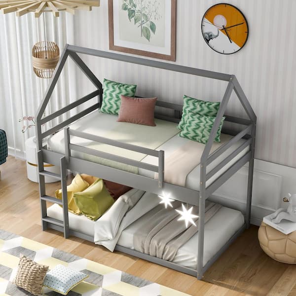 Gray Twin Low House Bunk Bed with Ladder