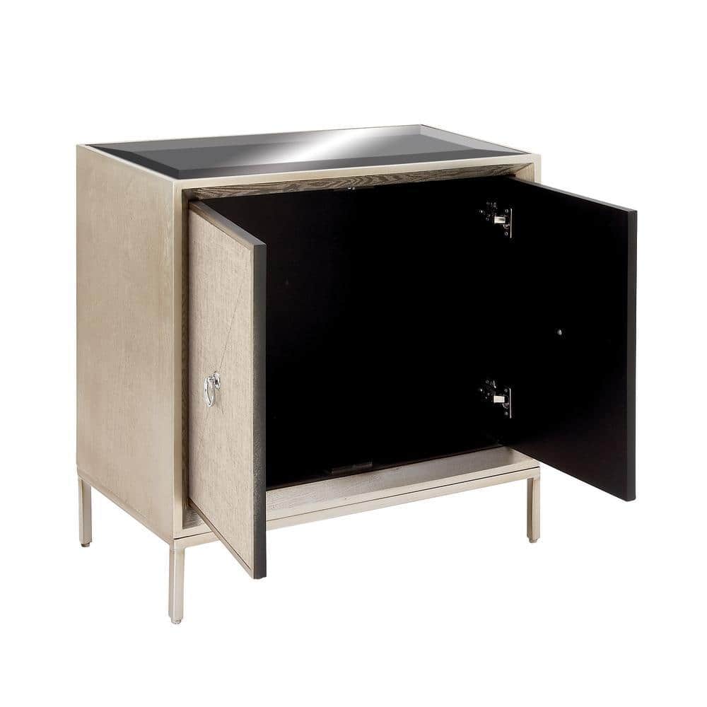 Beige Mirrored Fir Wood Upholstered Accent Cabinet