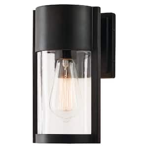 Kempster 9.92 in. Modern 1-Light Matte Black Outdoor Wall Cylinder Light with Clear Glass