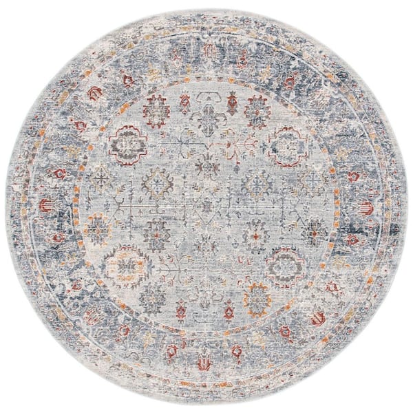 History 7 ft. x 7 ft. Light Gray/Navy Distressed Border Round Area Rug