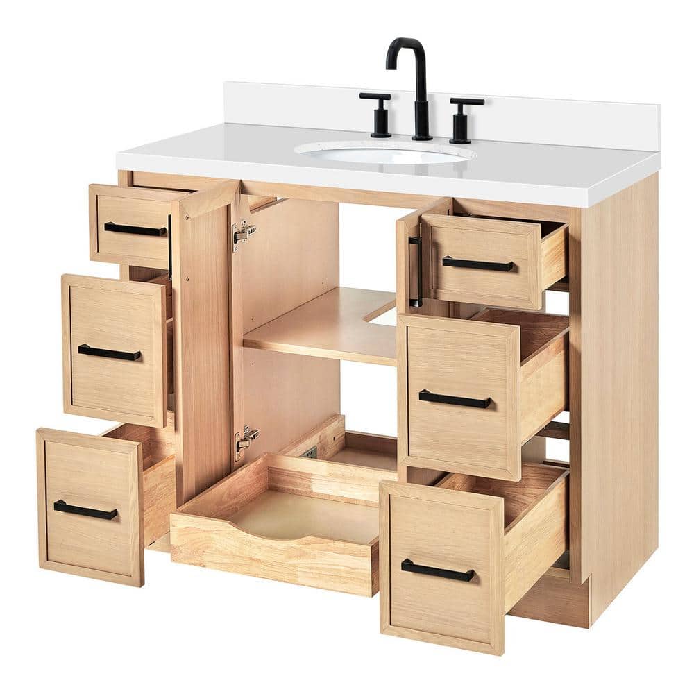 Oak Single Sink Bathroom Vanity with Pure White Quartz Top
