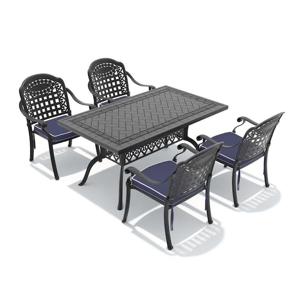 Black 5-Piece Cast Aluminum Patio Outdoor Dining Set with Stackable Chairs and Blue Cushions
