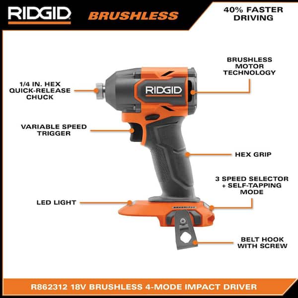 RIDGID - 18V Brushless Cordless 4-Mode Impact Driver Kit with 2.0 Ah MAX Output Battery, Charger, and Case