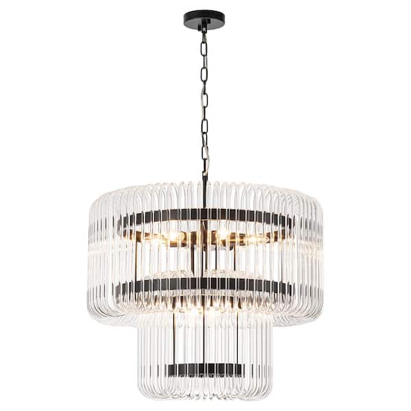 Casper 9-Light Black Metal and Curved Glass Tube Large Luxury Chandelier