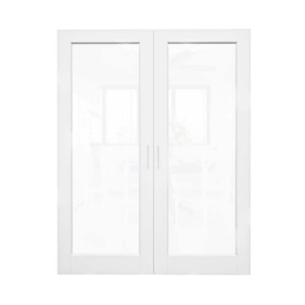 60 in. x 80 in. 1-Lite Clear Glass White Solid Core Wood French Door Without Jamb Interior Door Slab with Ball Catch
