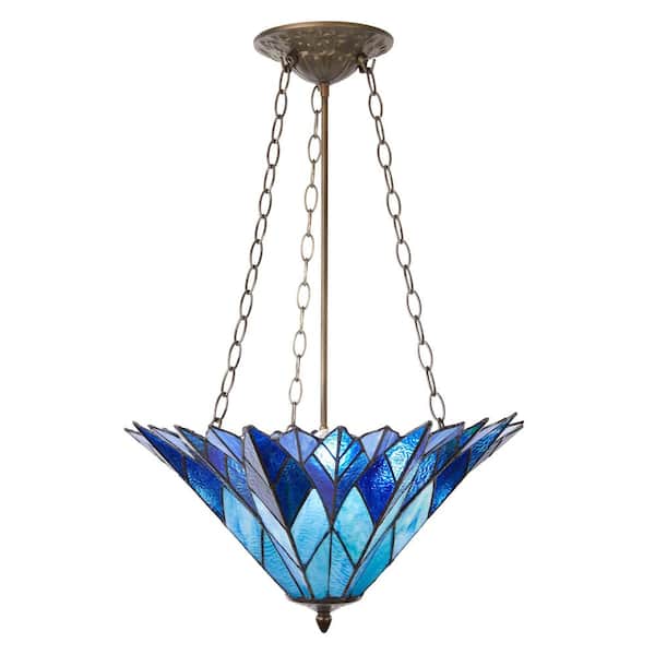 River of Goods Phoebe 28 in. 3-Light Bronze Bowl Pendant Light Chandelier with Blue Stained Glass Shade