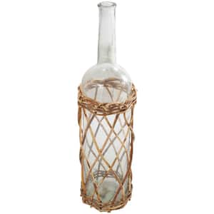 Clear Handmade Tall Glass Decorative Vase with Brown Rattan Woven Lower Body