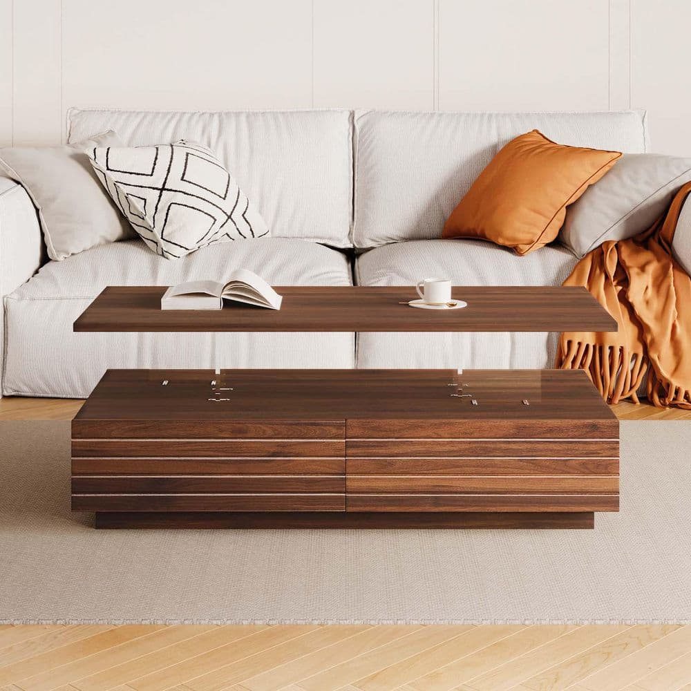 47.2 in. Walnut Rectangle MDF LED Lights Coffee Table Modern Furniture Smal