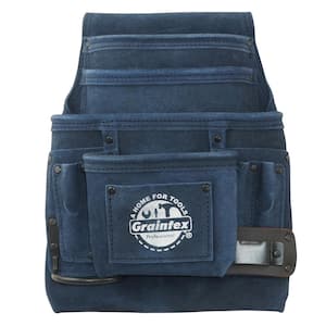 10-Pocket Navy Blue Suede Leather Nail and Tool Pouch w/Hammer Holder & Measuring Tape Clip