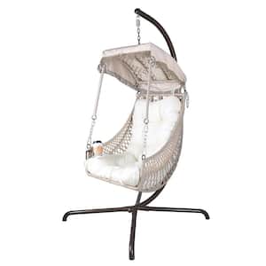 Beige Wicker Swing Egg Chair with Stand Indoor Outdoor Hammock Chair with Sunshade Cloth and White Cushion for Patio