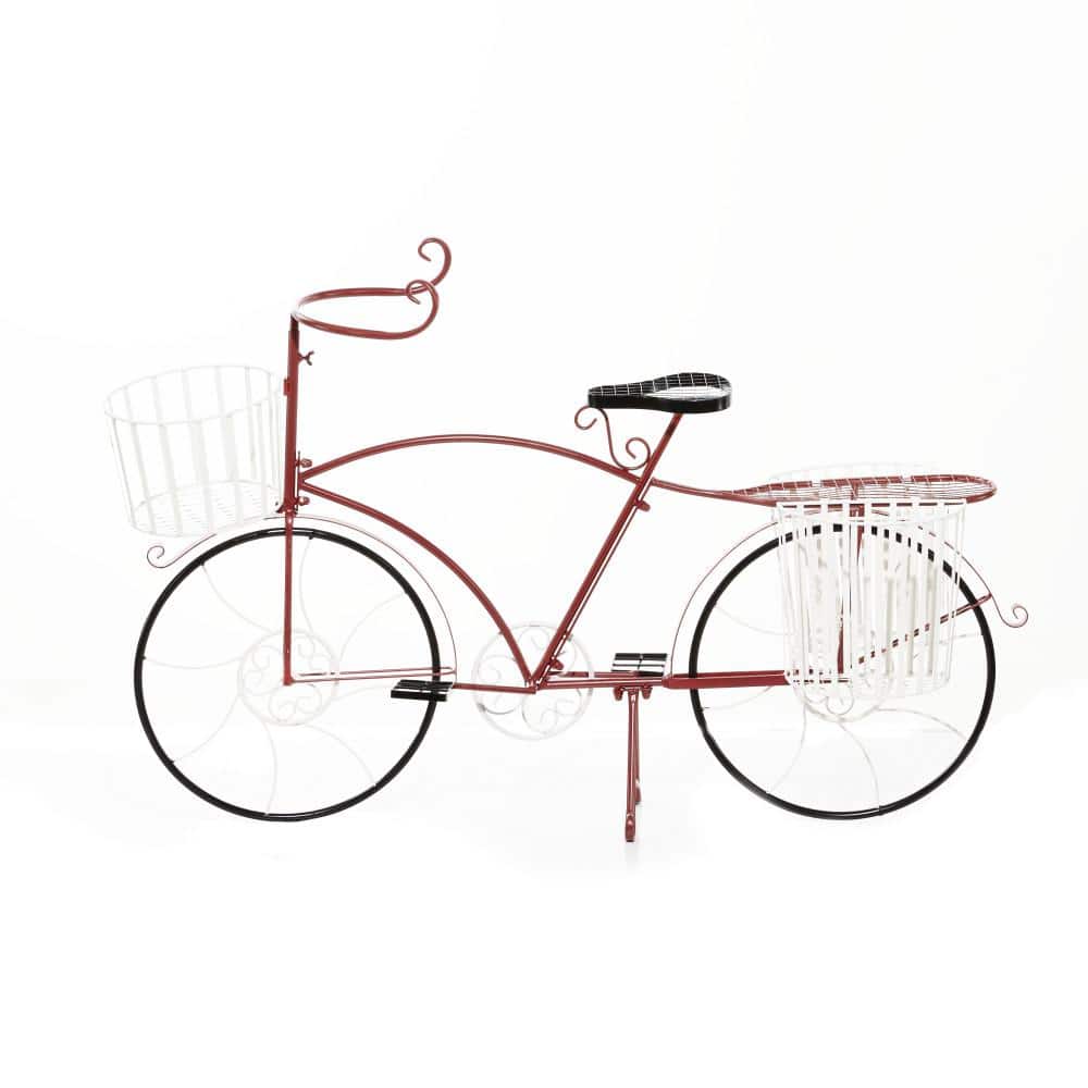 Red Metal Bicycle Plant Stand with White Baskets