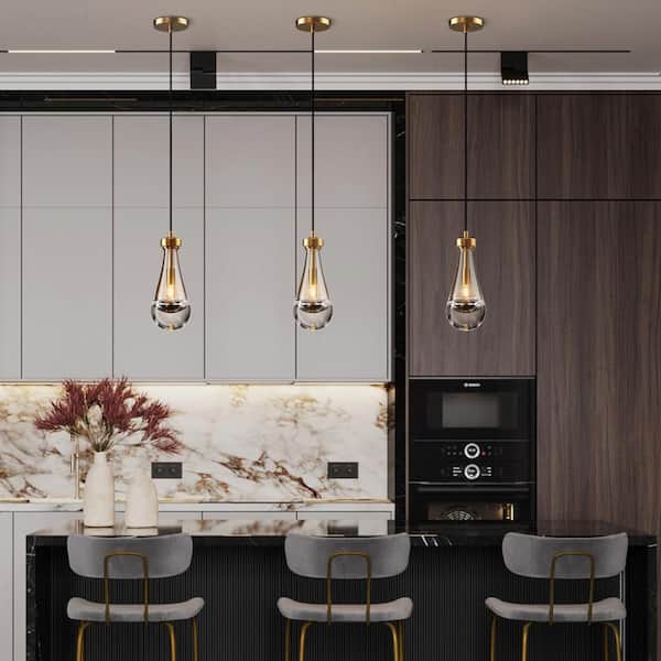 1-Light Modern Gold Chandelier, Pendant Light Kitchen Island with Raindrop Glass Shade (2-Sets)