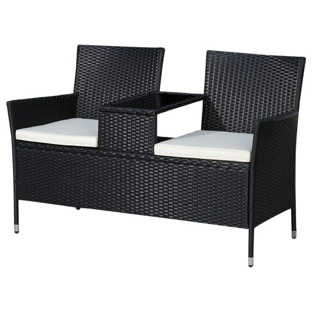 Outsunny Black Plastic Rattan Wicker Outdoor Loveseat with White