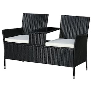 Black Plastic Rattan Wicker Outdoor Loveseat with White Cushions and Center Tea Table for 2 People