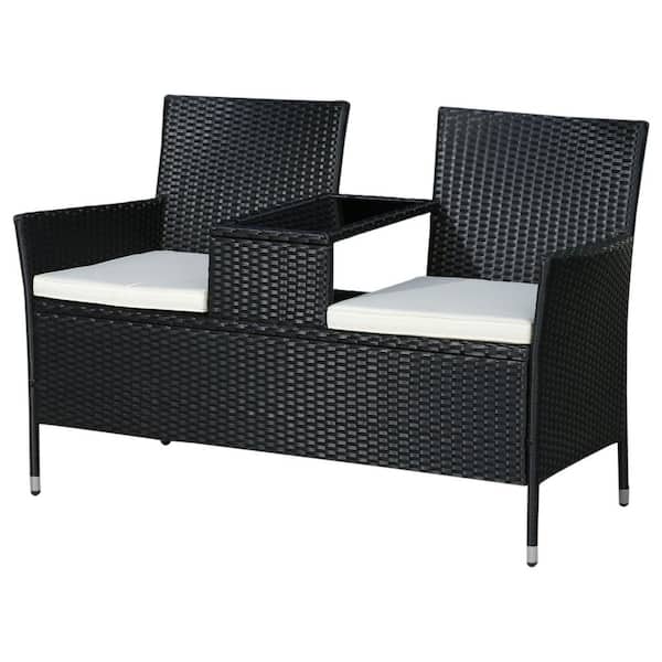 Outsunny Black Plastic Rattan Wicker Outdoor Loveseat with White Cushions and Center Tea Table for 2 People