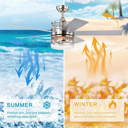 Modern 52 in. Indoor Nickel Ceiling Fan with Glass Lampshade, 2-Color-Option Blades and Remote Included Ceiling Fans With Lights