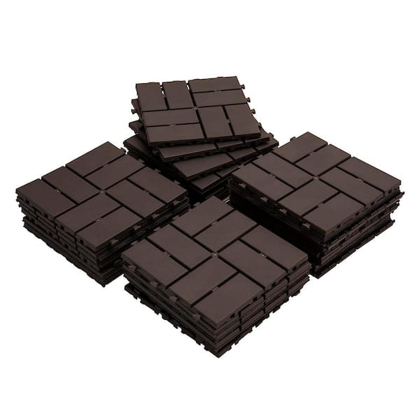 Cesicia 12 in. x 12 in. Waterproof Outdoor Interlocking Slat Plastic Patio and Deck Tile Flooring in Dark Brown (Set of 27)