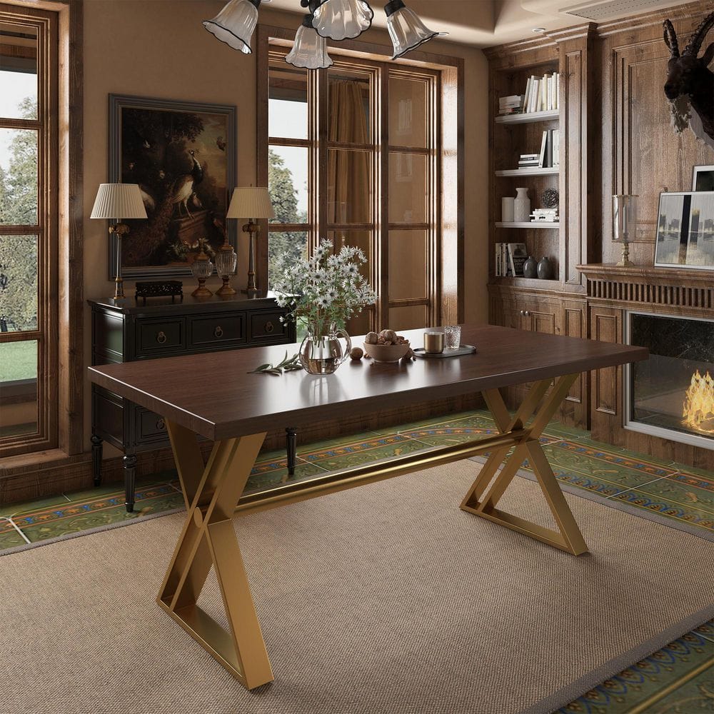 Clihome Walnut Wood Top 71 in. Pedestal Dining Table with X-Shape