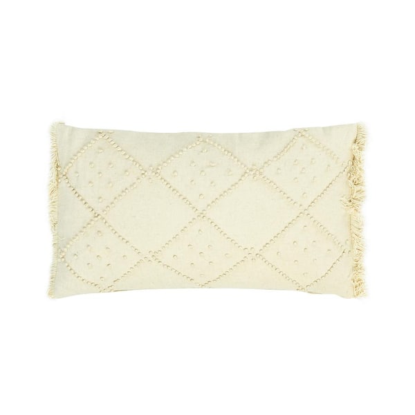 Storied Home Cream Off White Woven Diamond Design Cotton Linen Blend with French Knots and Fringe 20 in. x 12 in. Lumbar Throw Pillow