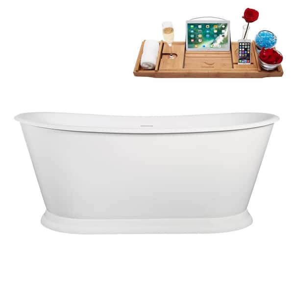 Streamline 67 in. x 32 in. Acrylic Freestanding Soaking Bathtub in Glossy White With Matte Oil Rubbed Bronze Drain, Bamboo Tray