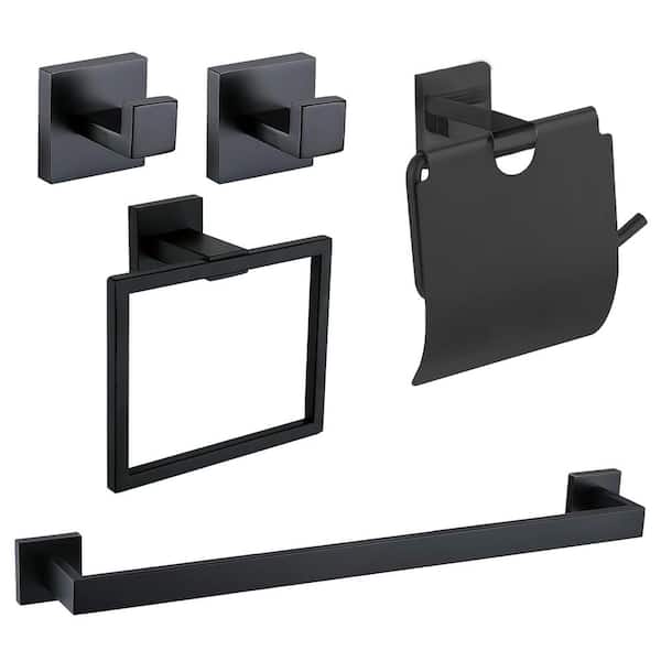 5-Piece Bath Hardware Set Towel Bar Set with 16 in. Towel Bar/Rack Toilet Paper Holder Towel Hooks in Black
