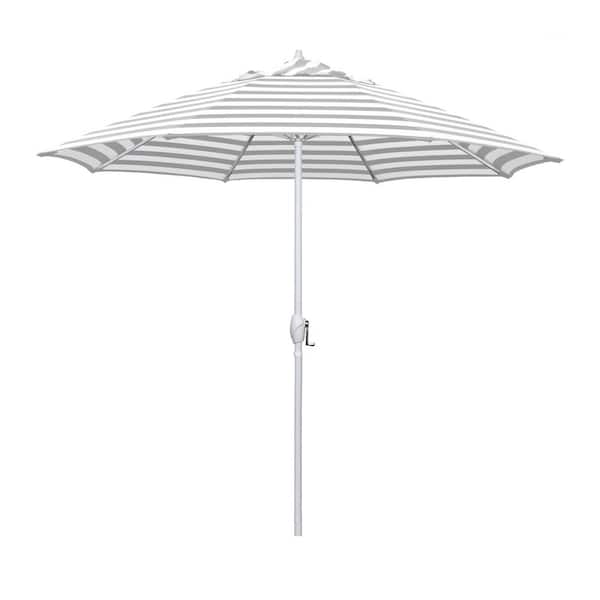 California Umbrella 9 ft. Matted White Aluminum Market Patio Umbrella Auto Tilt in Gray White Cabana Stripe Olefin