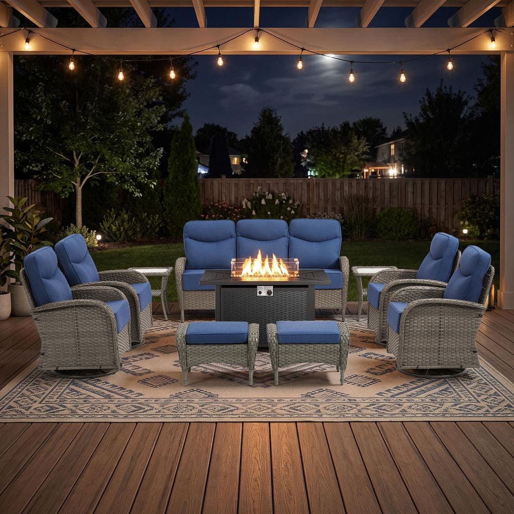 Moonridge 10-Piece Gray Wicker Fire Pit Conversation Set with 6 In. Olefin Blue Cushions / Metal Fire Pit Table price history on PriceWatchPro
