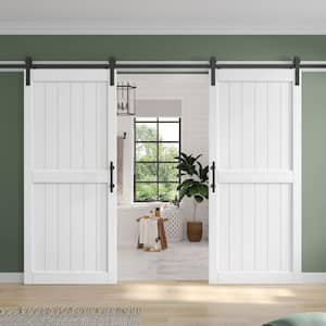 72 in. x 84 in. (Double 36 in doors) White Paneled H Shape Solid MDF Sliding Barn Door with Hardware Kit