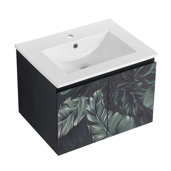 Dimakai 24 in. W x 18.3 in. D x 17.3 in. H Single Sink Wall Mounted Bath Vanity in Green Feather Pattern with White Ceramic Top
