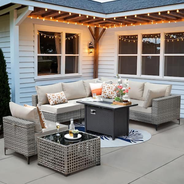 OVIOS Supery Gray 8-Piece Wicker Rectangle Fire Pit Patio Conversation Set with Beige Cushions