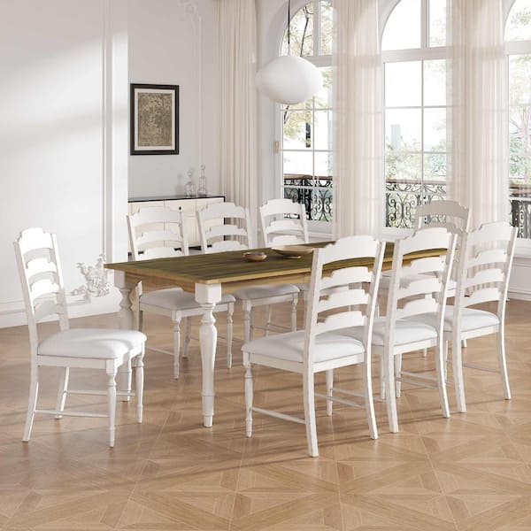 Polibi 9-Piece Cream/Brown Extendable Wood Top Dining Room Set Seats 8