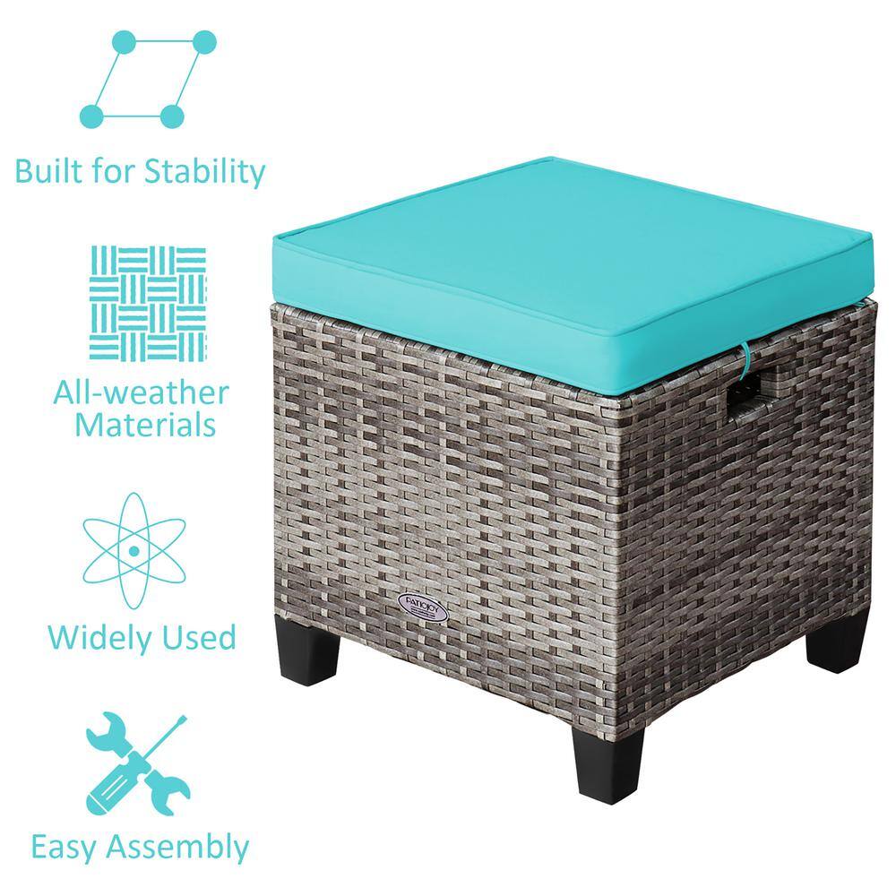 Turquoise Cushioned Rattan Outdoor Ottoman Stool Set