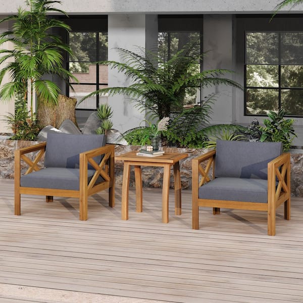Teak Acacia Wood Outdoor Lounge Chair Set of 2, Chat Set with Gray Cushion, End Table