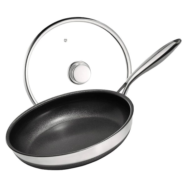 10 in. Stainless Steel Titanium Ceramic Nonstick Skillet Frying Pan in Silver with Lid, PFAS PFOA PTFE Free