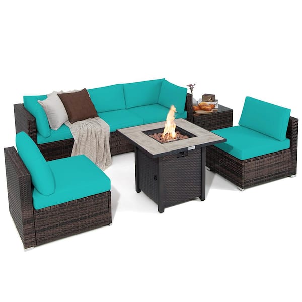 Costway 7-Piece Wicker Patio Conversation Set 30 in. Fire Pit Table Cover Rattan Sofa with Turquoise Cushions