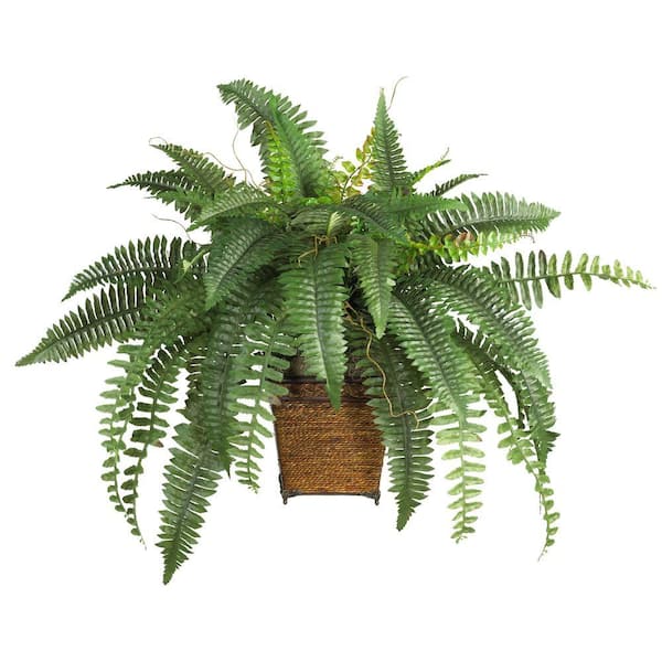 Nearly Natural 23 in. Artificial Boston Fern Silk Plant with Wicker Basket