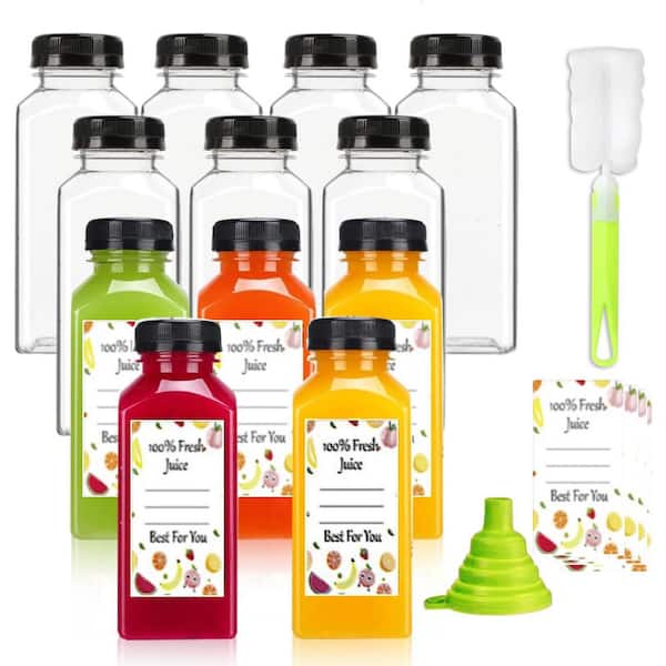 12 oz. Reusable Plastic Juice Bottles with Tamper Proof Lids 12-Pieces Set for Juicing, Milk, Smoothie, Food Storage
