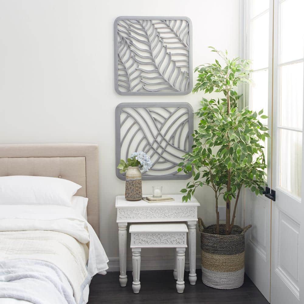Gray Hand-Carved Abstract Wood Wall Panels, Set of 2