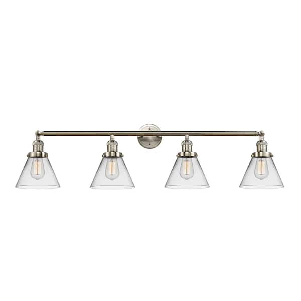 Cone 43.75 in. 4 Light Brushed Satin Nickel, Clear Vanity Light with Clear Glass Shade